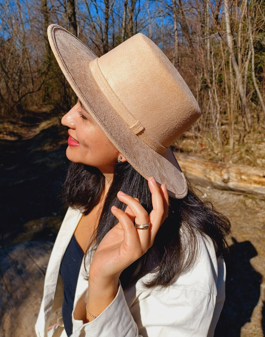 Boater hat, handmade hat from Mexico, boho hat, beige suede hat