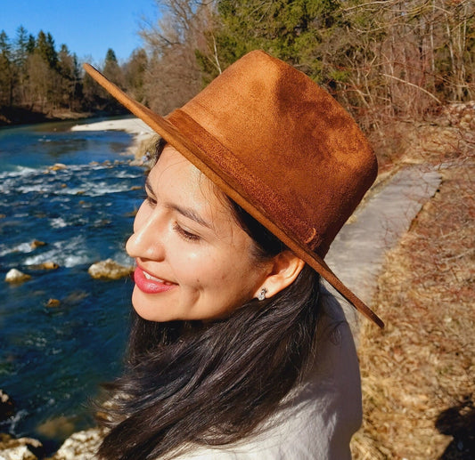 Fedora hat made of brown suede, handmade boho hat