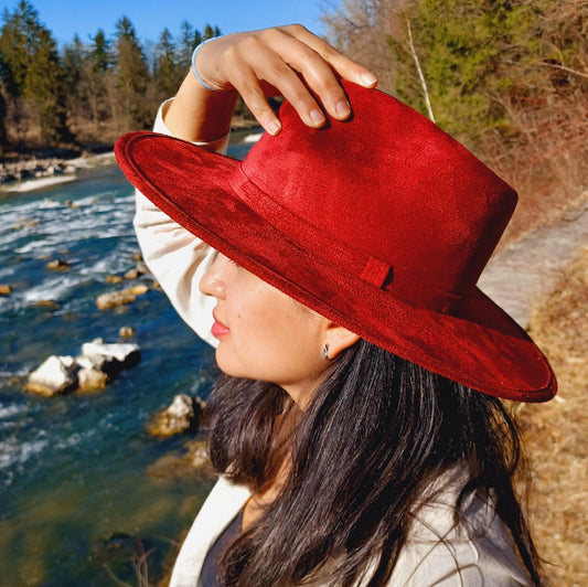 Chapeau Fedora, chapeau fait main du Mexique, chapeau Boho, chapeau en daim rouge