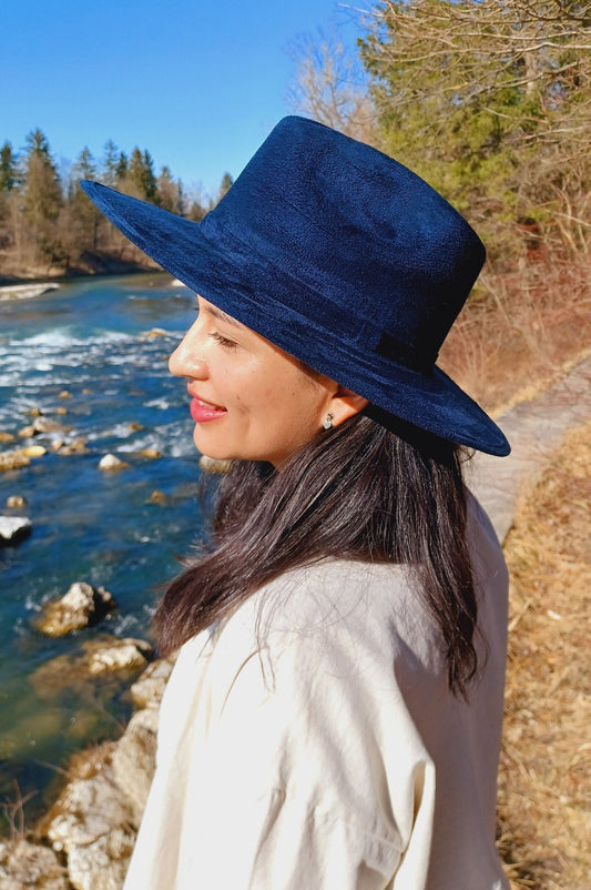 Fedora Hut, handgemachter Hut aus Mexiko, Boho Hut, Blauer Wildleder Hut