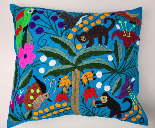 Housse de coussin fait main mexicaine, motif broderie animaux et plantes, housse de coussin bohème