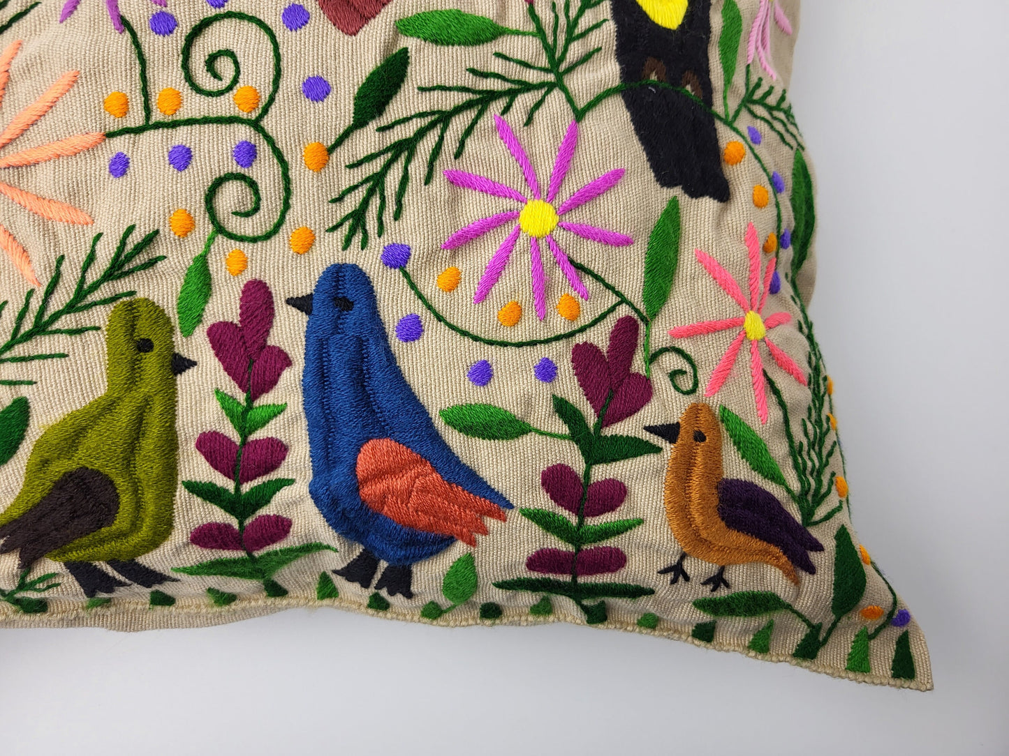 hand embroidered and woven cushion cover, cushion cover with bird pattern