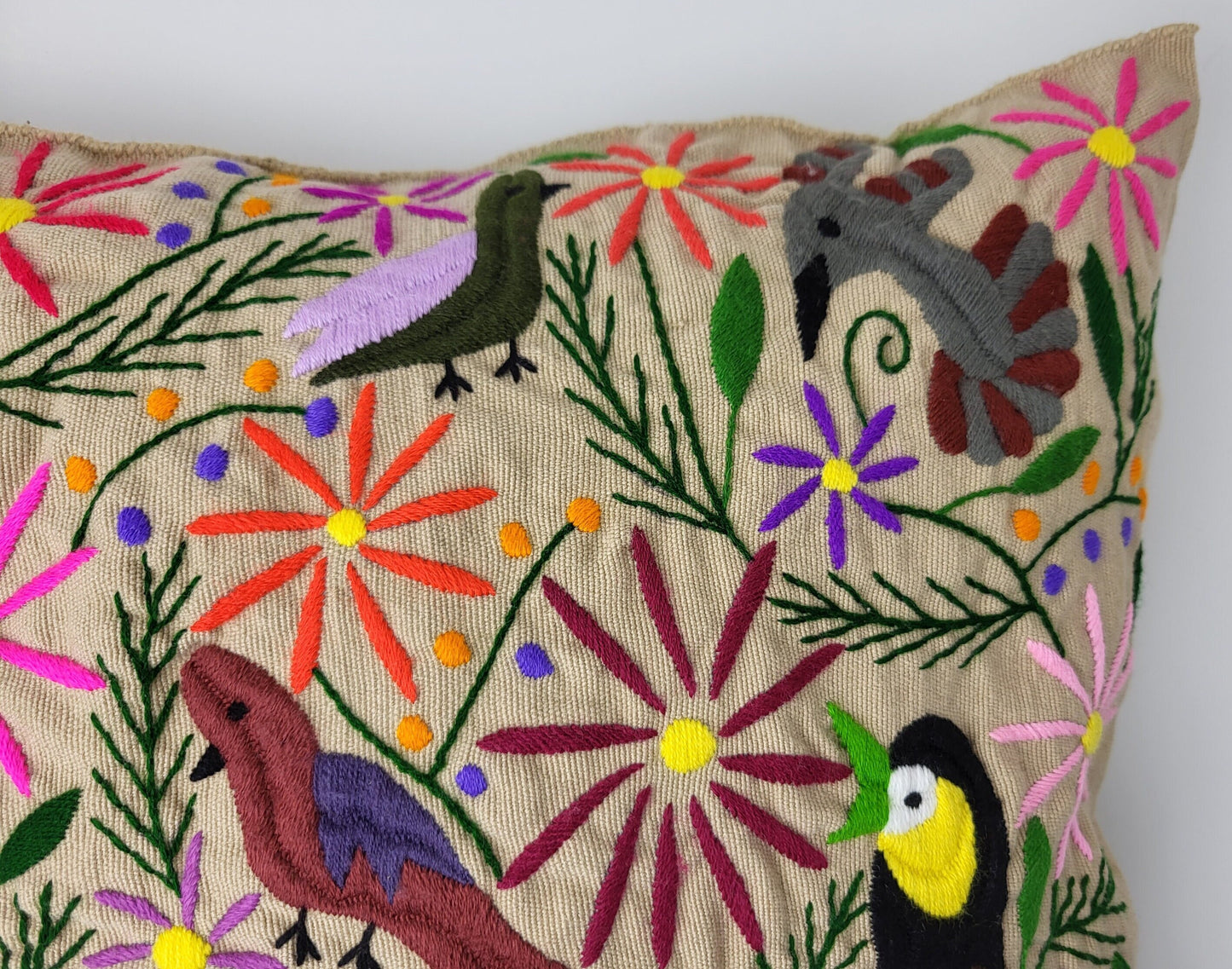 hand embroidered and woven cushion cover, cushion cover with bird pattern