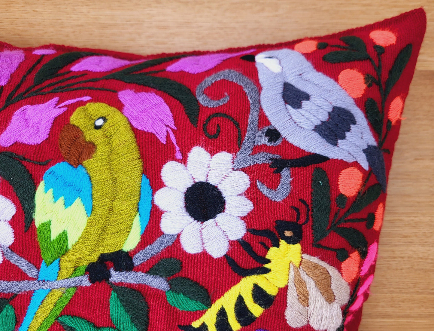 Mexican hand embroidered cushion cover, animal print pillow cover