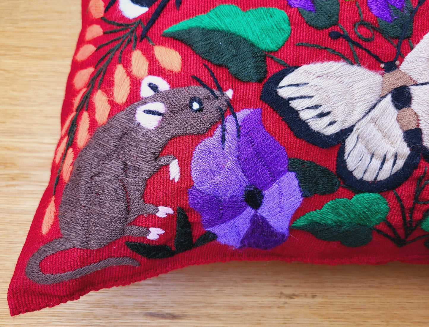 Mexican hand embroidered cushion cover, animal print pillow cover