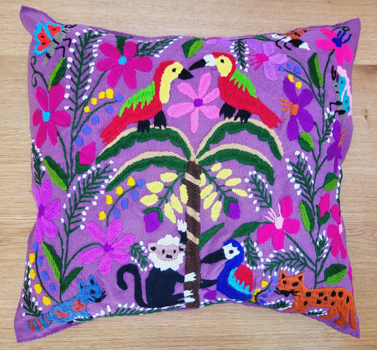 Animal print cushion, hand embroidered and woven in Mexico by indigenous women