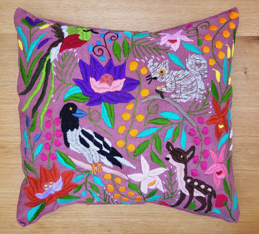 Mexican hand embroidered animal print cushion cover