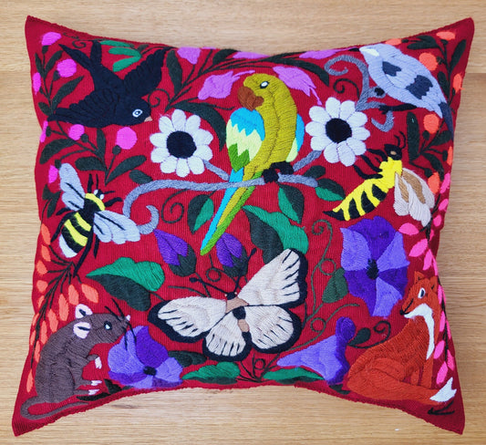 Mexican hand embroidered cushion cover, animal print pillow cover