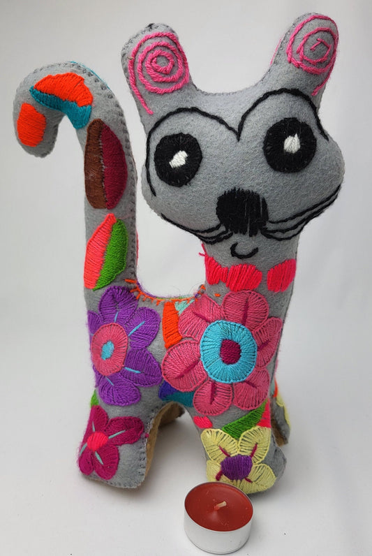 hand-embroidered cat, stuffed toy from Mexico