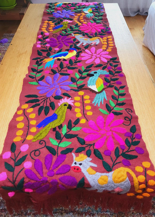 Mexican table runner with animals and plants, handwoven and hand embroidered table runner