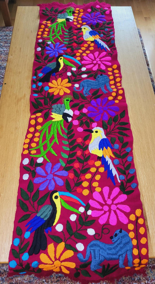 handwoven and embroidered Mexican table runner, animal pattern table runner, wall hanging