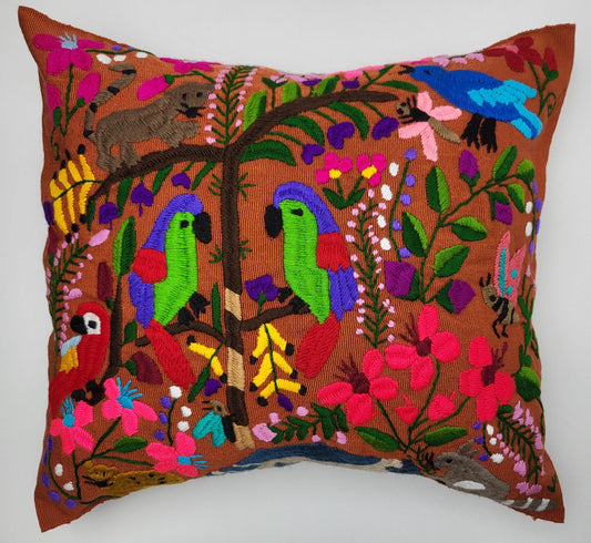 Mexican hand embroidered traditional cushion cover, animal print throw pillow, Mexican colorful decor