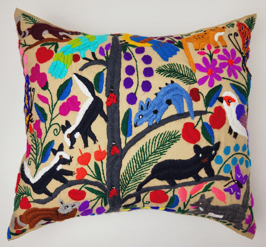 Mexican hand embroidered animal print cushion cover