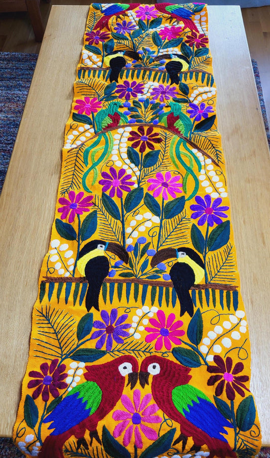 Mexican table runner, handwoven and embroidered, colorful animal pattern, colorful decor, weaving art