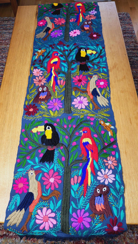 handwoven Mexican table runner, animal pattern decoration, colorful decor, blue table runner