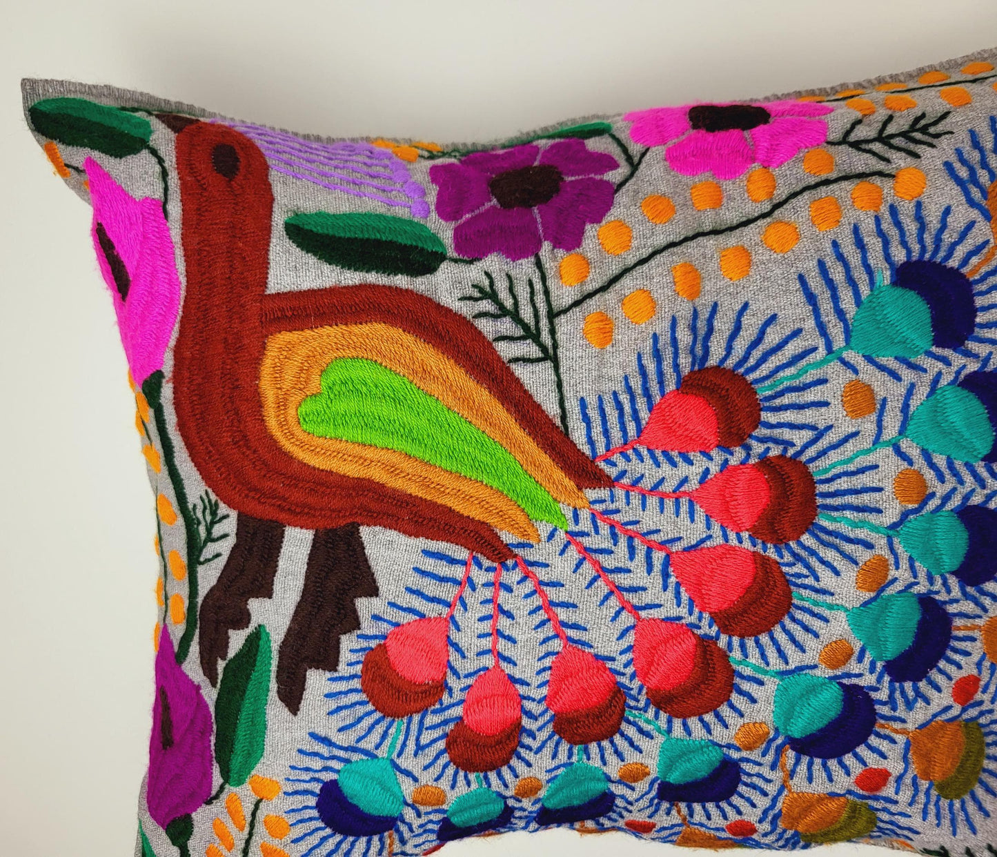 Housse de coussin faite à la main au Mexique – brodée et tissée avec art avec un motif animal enchanteur.