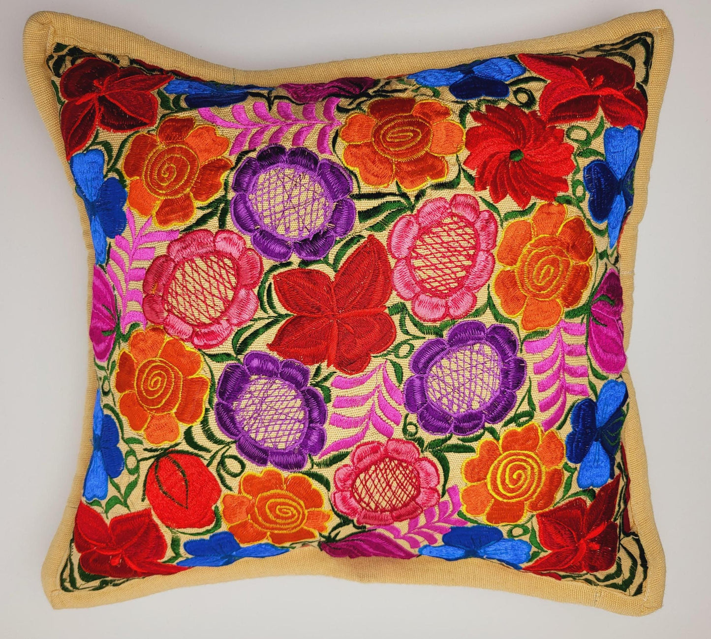 Mexikanischer handbestickter traditioneller Kissenbezug / mexikanisches buntes Dekor / Chiapas Stil / buntes Blumenmuster