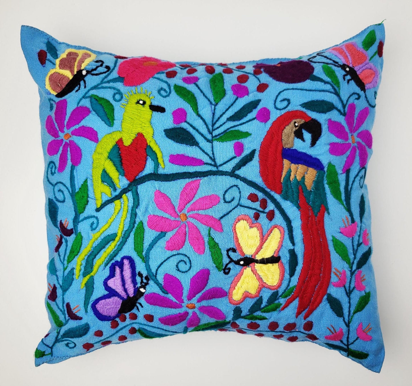 Mexikanischer handgemachter Kissenbezug, Tier und Pflanzen Stickmuster, Boho Kissenhülle