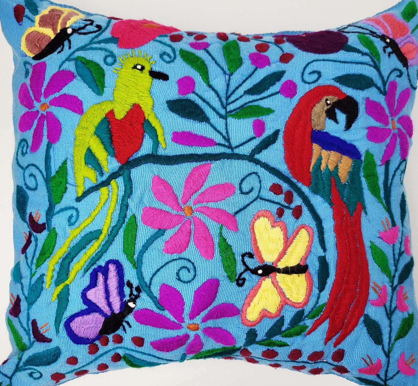 Mexikanischer handgemachter Kissenbezug, Tier und Pflanzen Stickmuster, Boho Kissenhülle