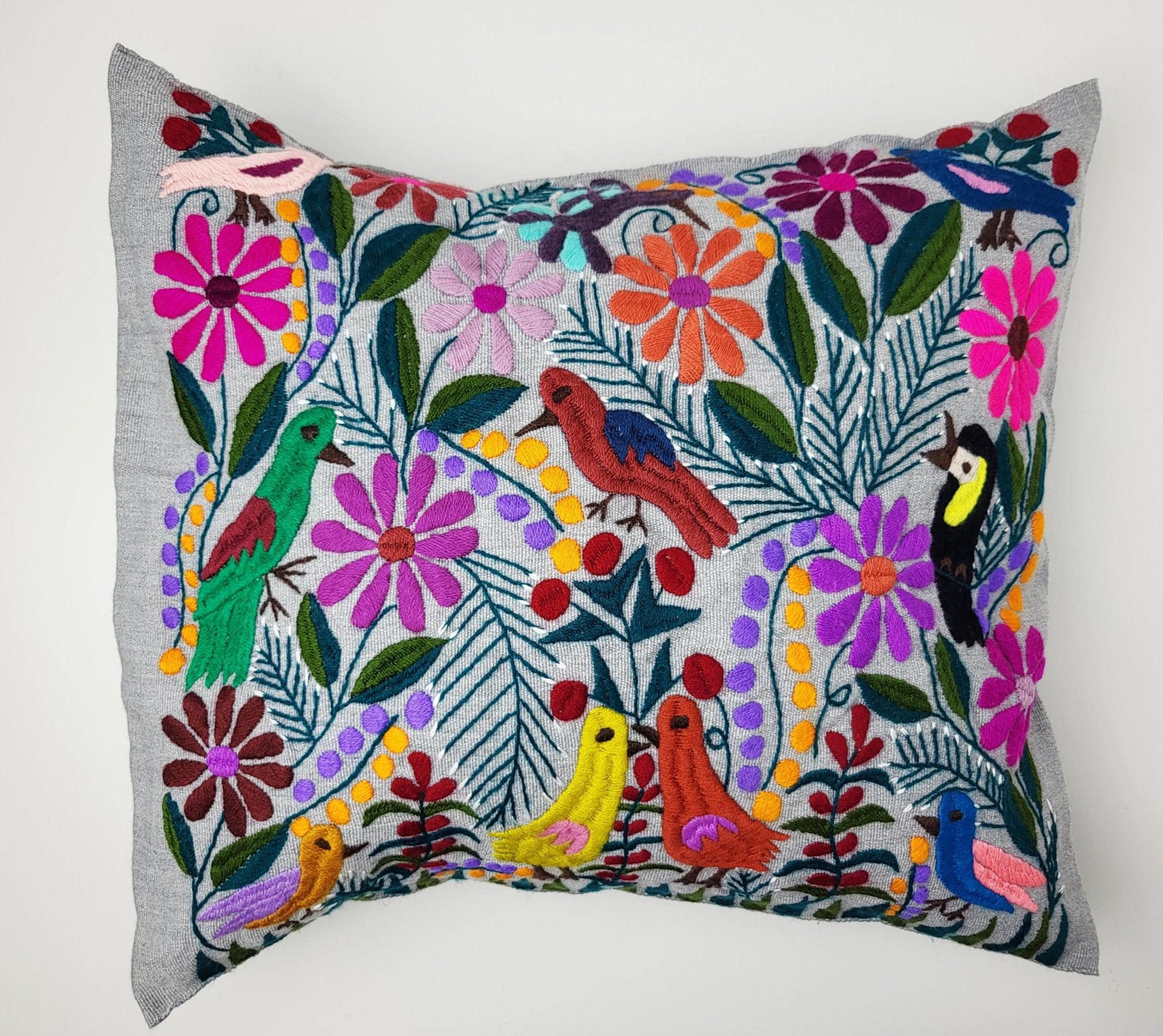 Mexikanischer handgemachter Kissenbezug, Tier und Pflanzen Stickmuster, Boho Kissenhülle