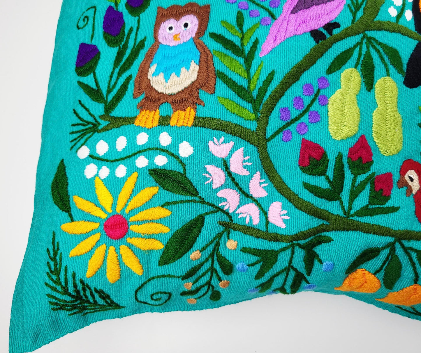 Handbestickter Kissenbezug Mexiko | Bunte Tiermuster | Fairtrade Dekokissen Chiapas | Unikat Maya Textilkunst | Boho Ethno Deko