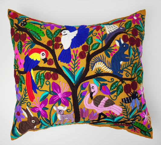Handbestickter Kissenbezug Mexiko | Bunte Tiermuster | Fairtrade Dekokissen Chiapas | Unikat Maya Textilkunst | Boho Ethno Deko
