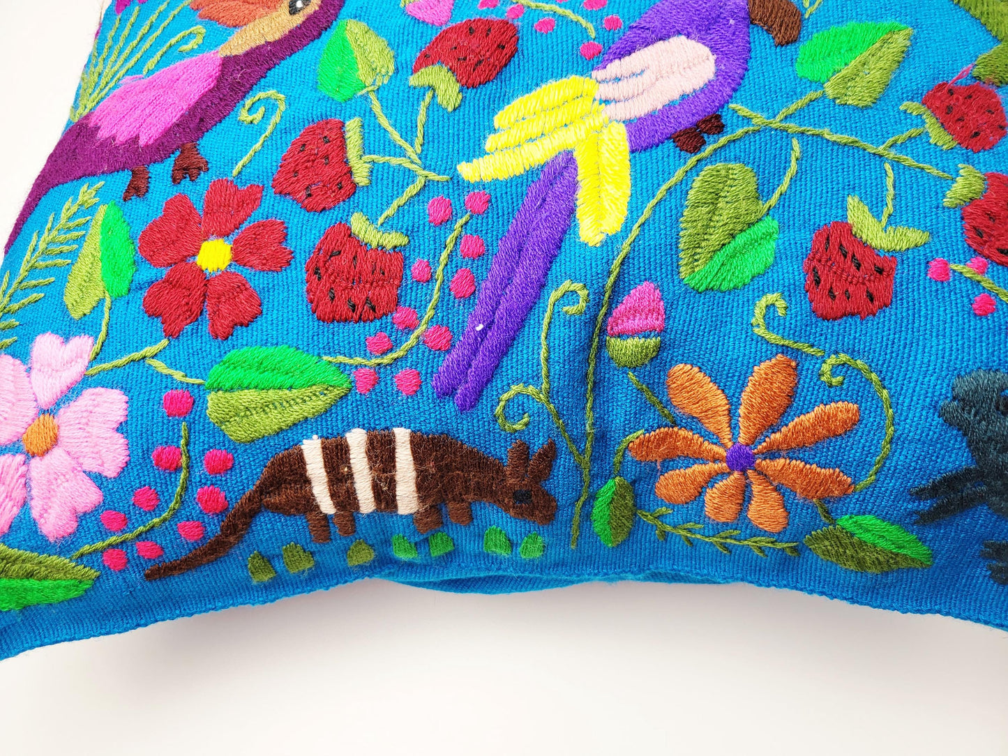 Besticktes und gewebtes Kissen aus Mexiko, Kissenhülle mit Tiermuster aus Mexiko