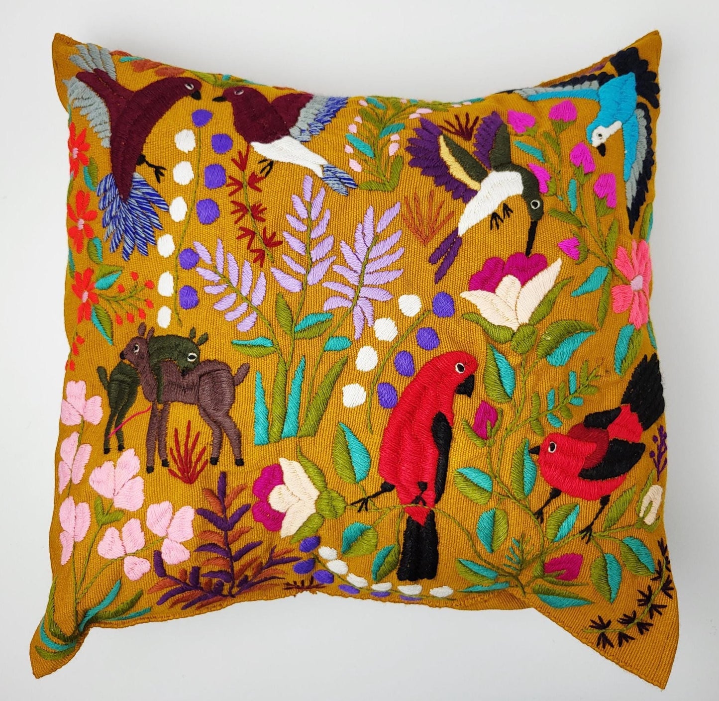 handbestickter und gewebter Kissenbezug aus Mexiko, Kissen mit Tiermuster