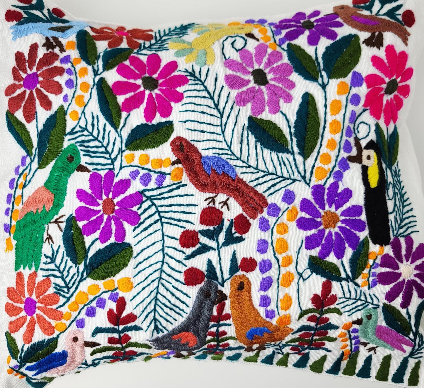 Besticktes und gewebtes Kissen aus Mexiko, Kissenhülle mit Tiermuster aus Mexiko