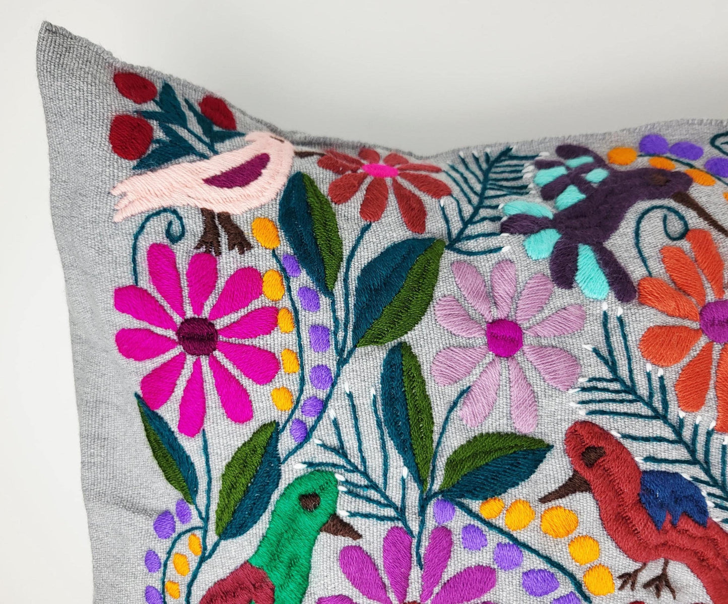 Mexikanischer handgemachter Kissenbezug, Tier und Pflanzen Stickmuster, Boho Kissenhülle