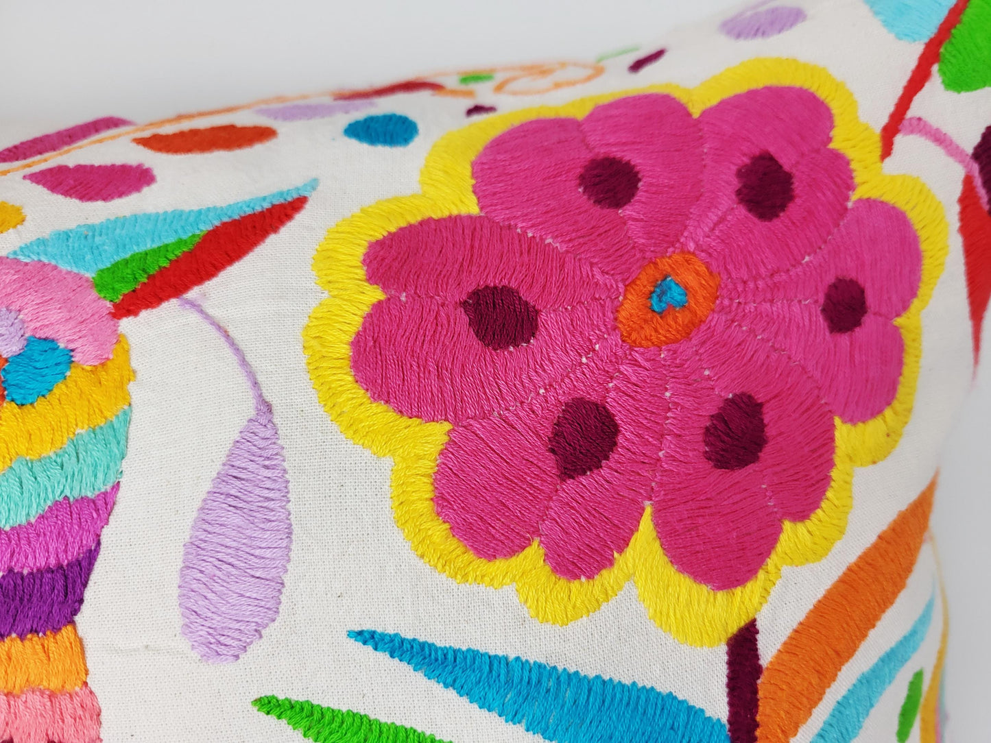 Otomi Kissenbezug 45x45 Handbestickt Baumwolle | Mexikanische Deko | Indigene Kunst Hidalgo | Fair Trade Boho Kissen | Fairmex