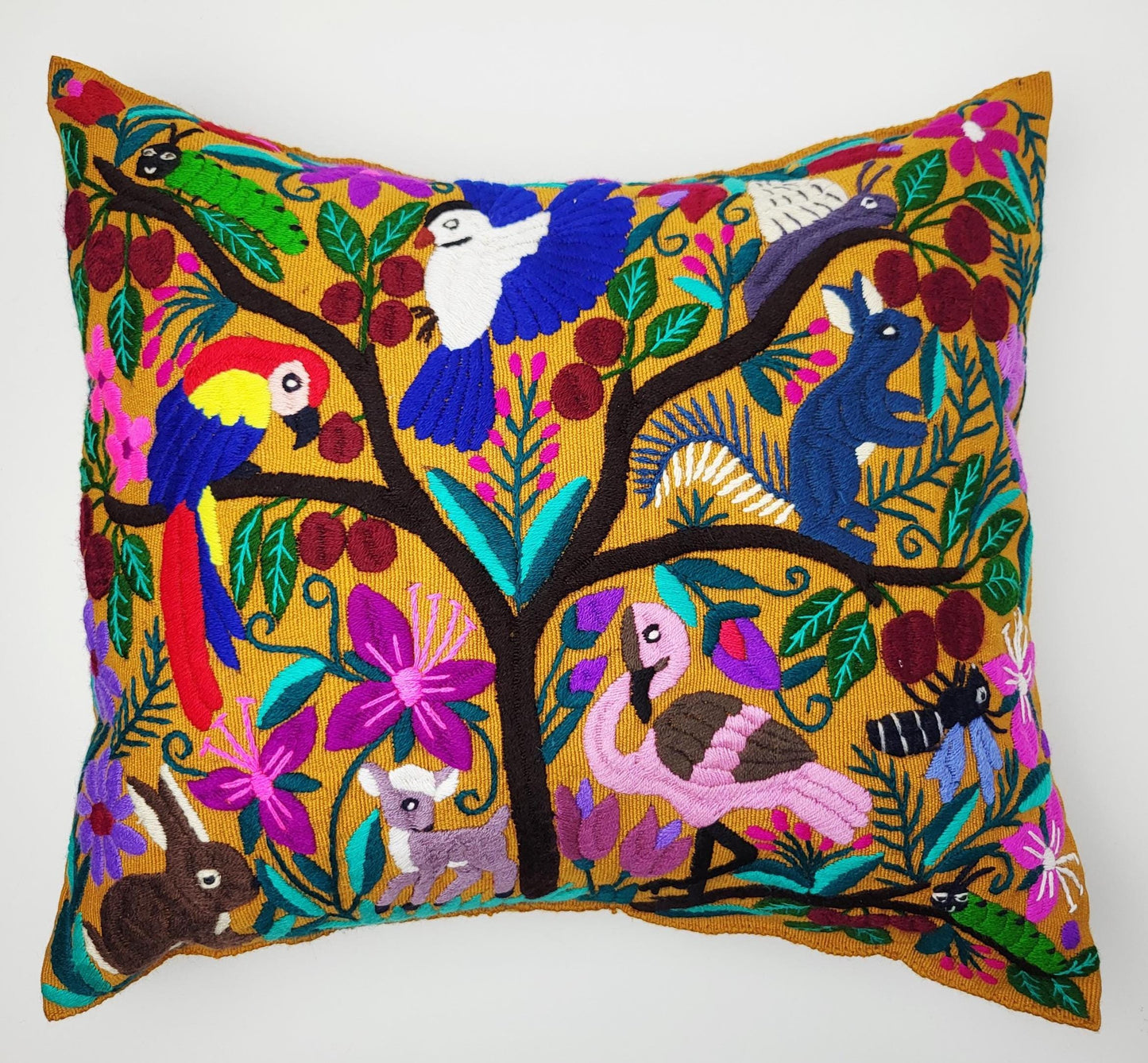 Handbestickter Kissenbezug Mexiko | Bunte Tiermuster | Fairtrade Dekokissen Chiapas | Unikat Maya Textilkunst | Boho Ethno Deko