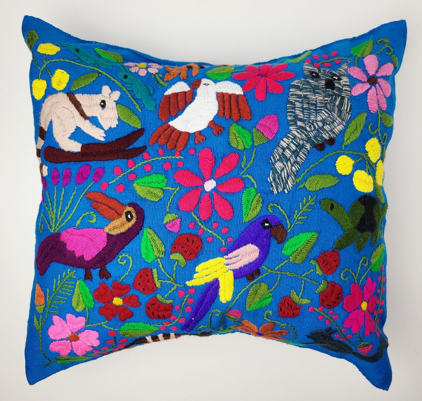 Besticktes und gewebtes Kissen aus Mexiko, Kissenhülle mit Tiermuster aus Mexiko