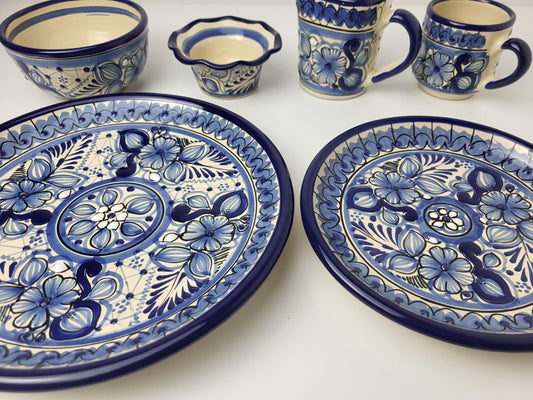 Mexikanisches Talavera Geschirrset Blau-Weiß – 6-teilig, Handgemalt | Teller, Schalen, Becher | Puebla Stil
