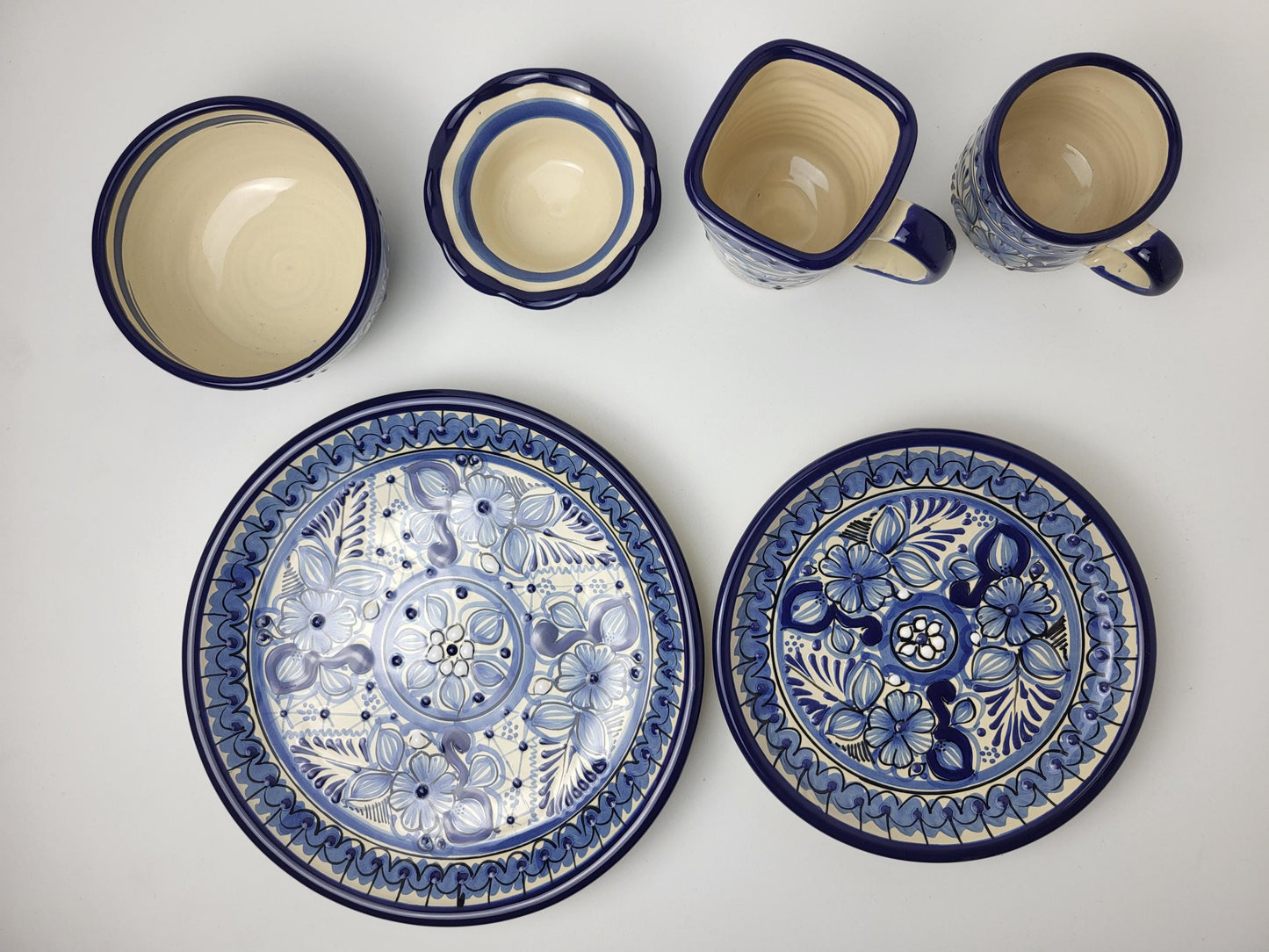 Mexikanisches Talavera Geschirrset Blau-Weiß – 6-teilig, Handgemalt | Teller, Schalen, Becher | Puebla Stil