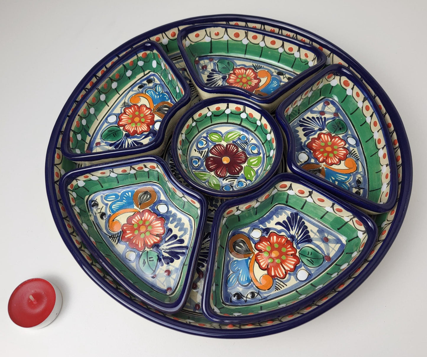 Mexikanische Talavera Keramik Snackschale | Handbemalte Dip-Platte aus Puebla