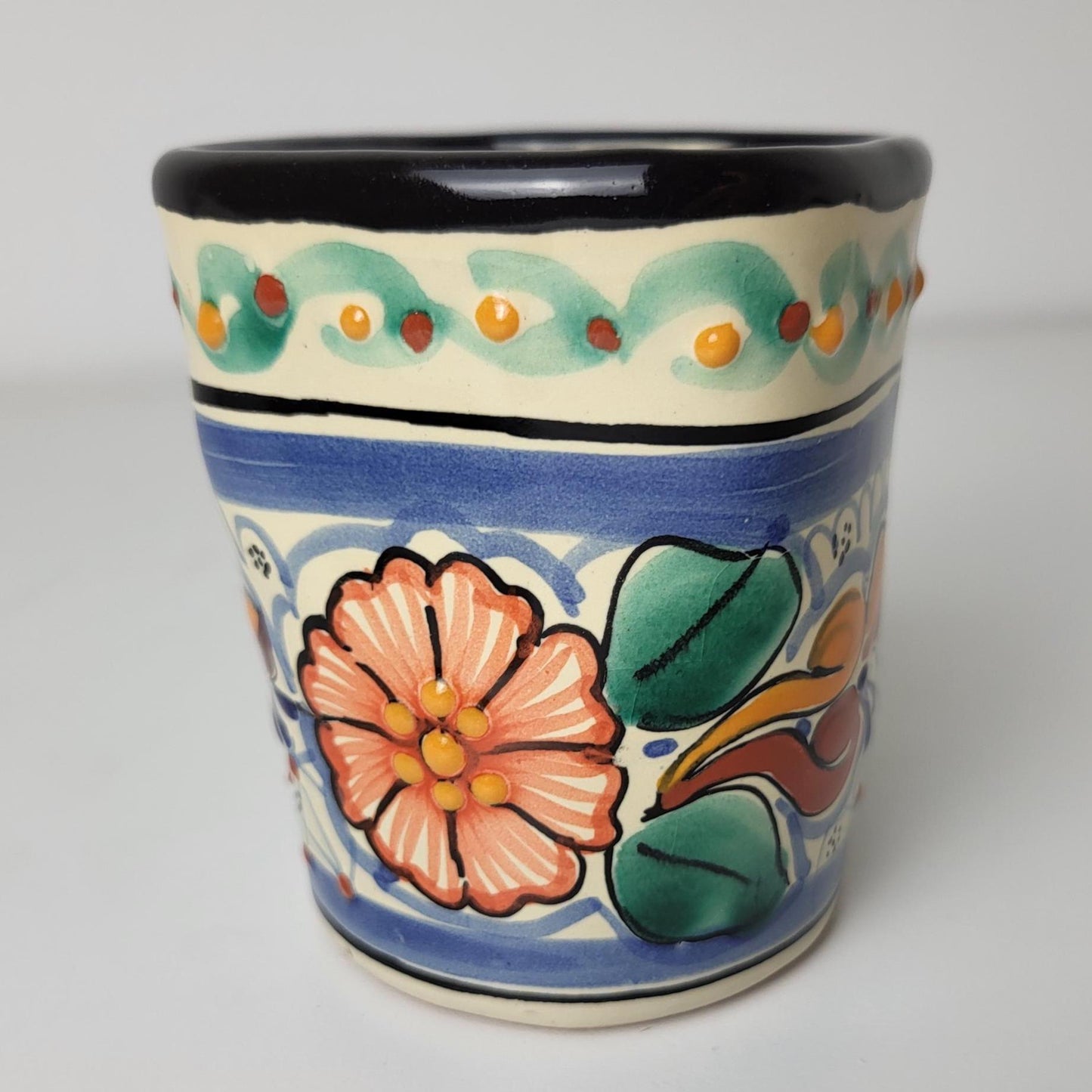 Mexikanischer Talavera Keramiktasse – Handgemalt, Blumenmotiv | Deko-Becher, Stiftehalter, Pflanzentopf