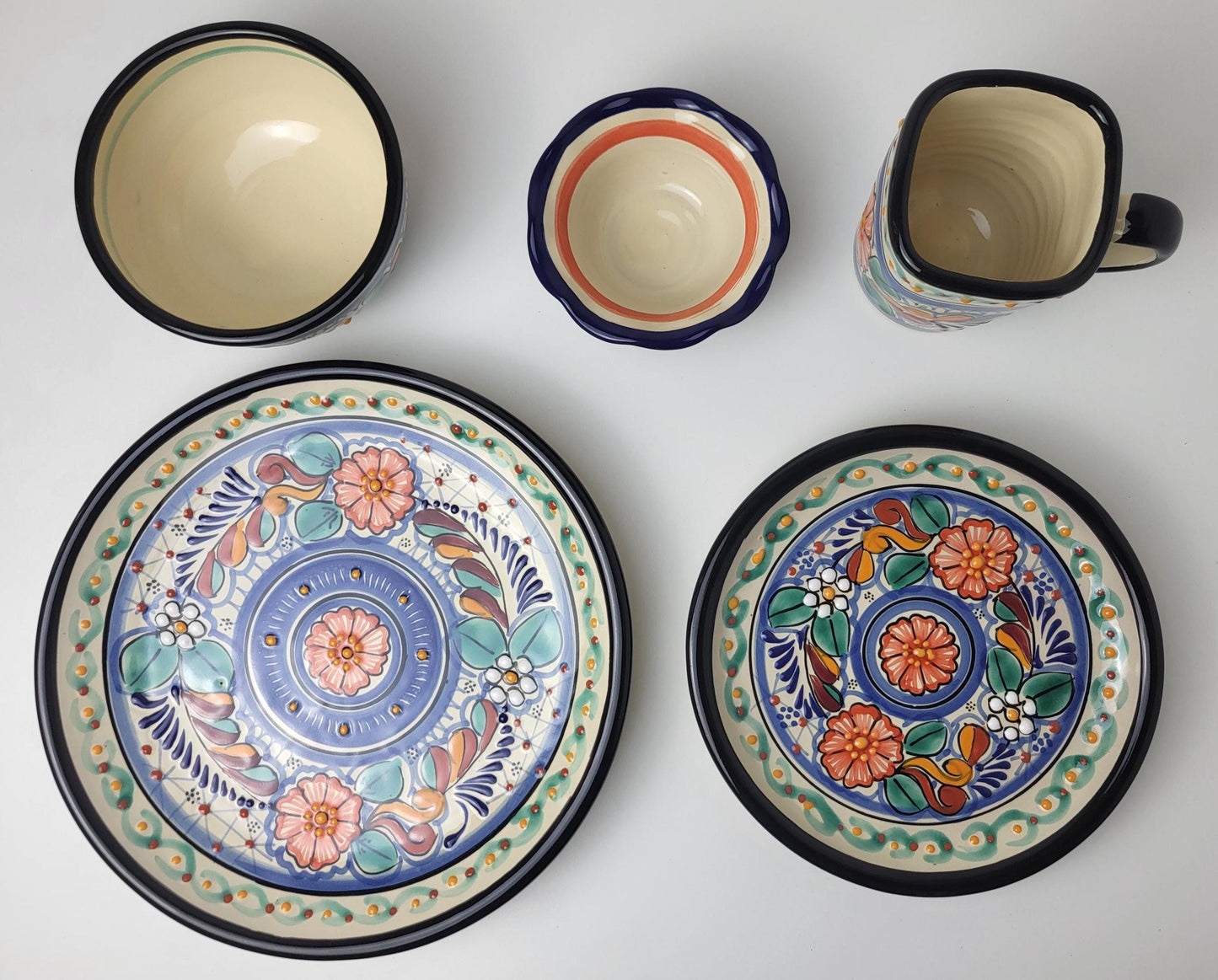 Mexikanisches Talavera Geschirrset Bunt – 5-teilig, Handgemalt | Teller, Schalen, Becher | Puebla Stil
