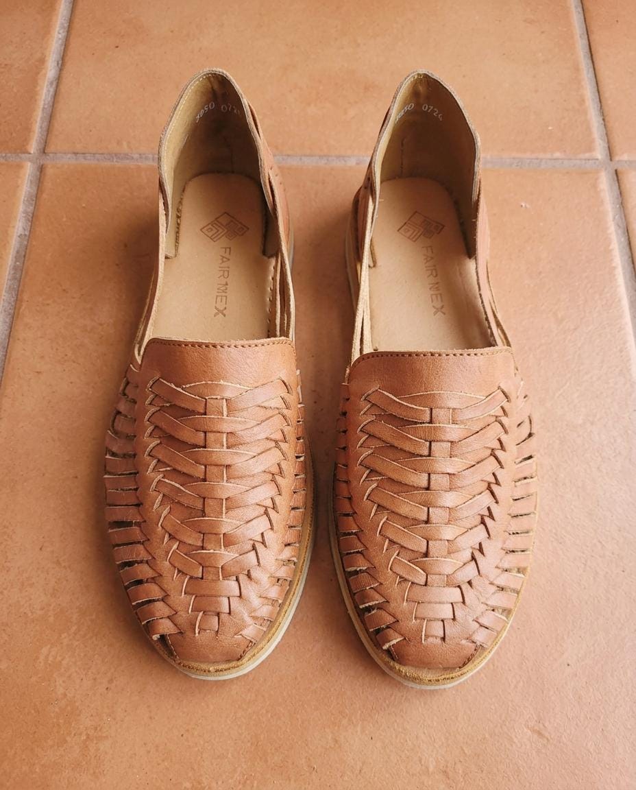 Mexikanische Huarache Honig-Tan Damen – handgewebtes Echtleder, geschlossene Spitze