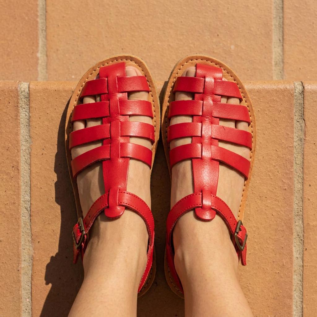 Mexikanische Huarache Sandale Rot Damen – handgewebte Fisherman-Ledersandale mit Riemchen, handgemacht in Mexiko