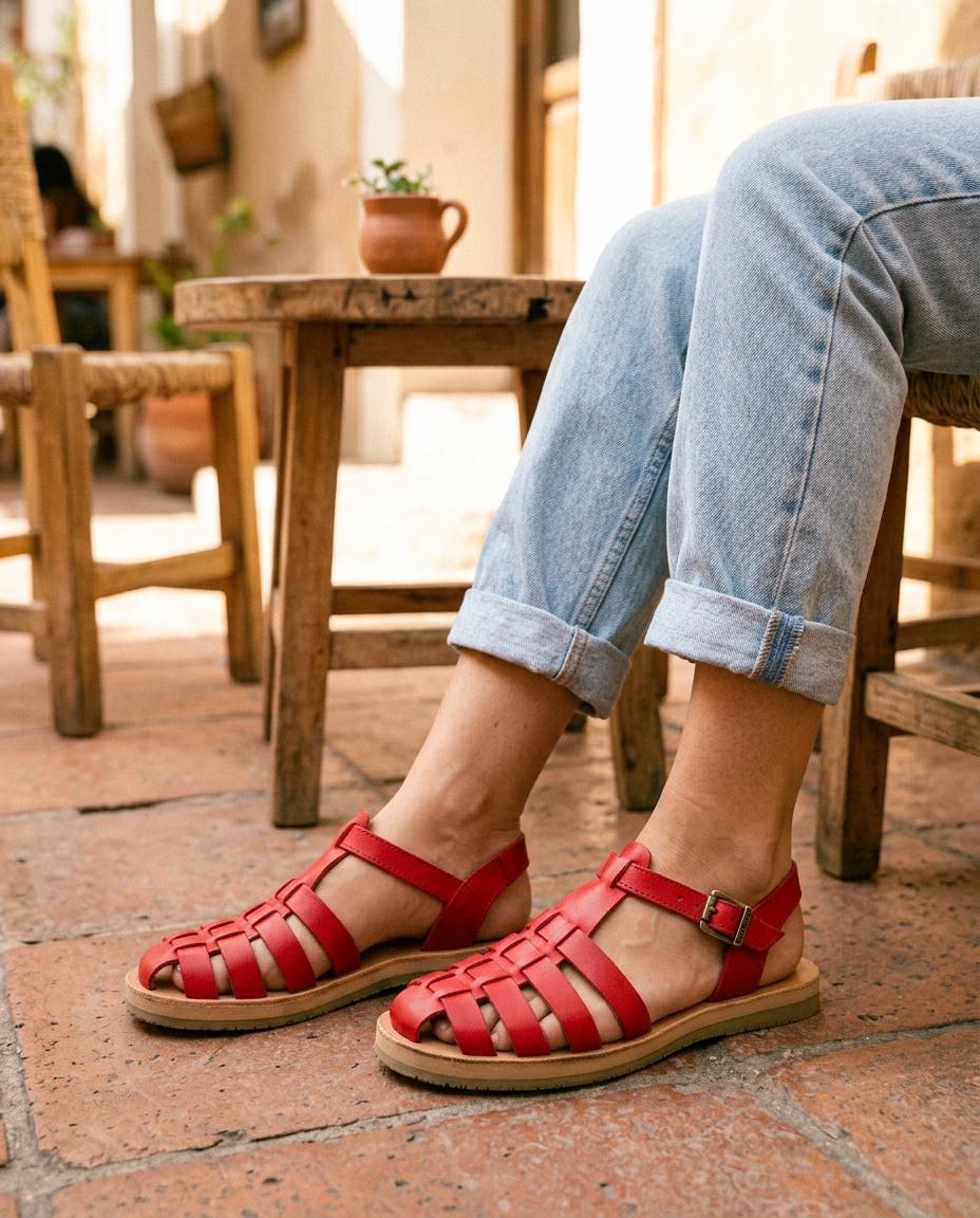 Mexikanische Huarache Sandale Rot Damen – handgewebte Fisherman-Ledersandale, fair gehandelt
