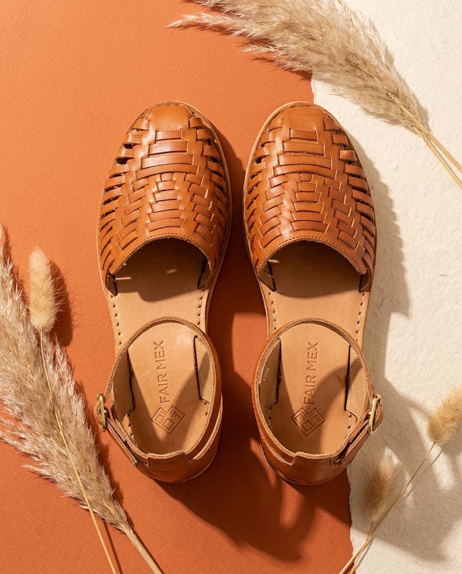Mexikanische Huarache Sandale Natur/Tan Damen – handgewebtes Echtleder mit Riemchen