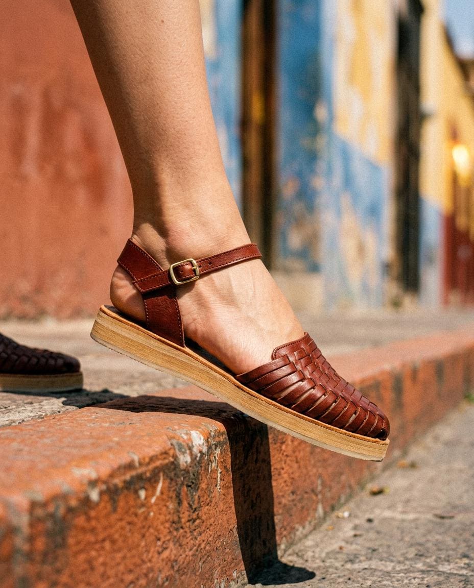 Mexikanische Huarache Sandale Dunkelbraun Damen – geschlossene Spitze, handgemacht in Mexiko