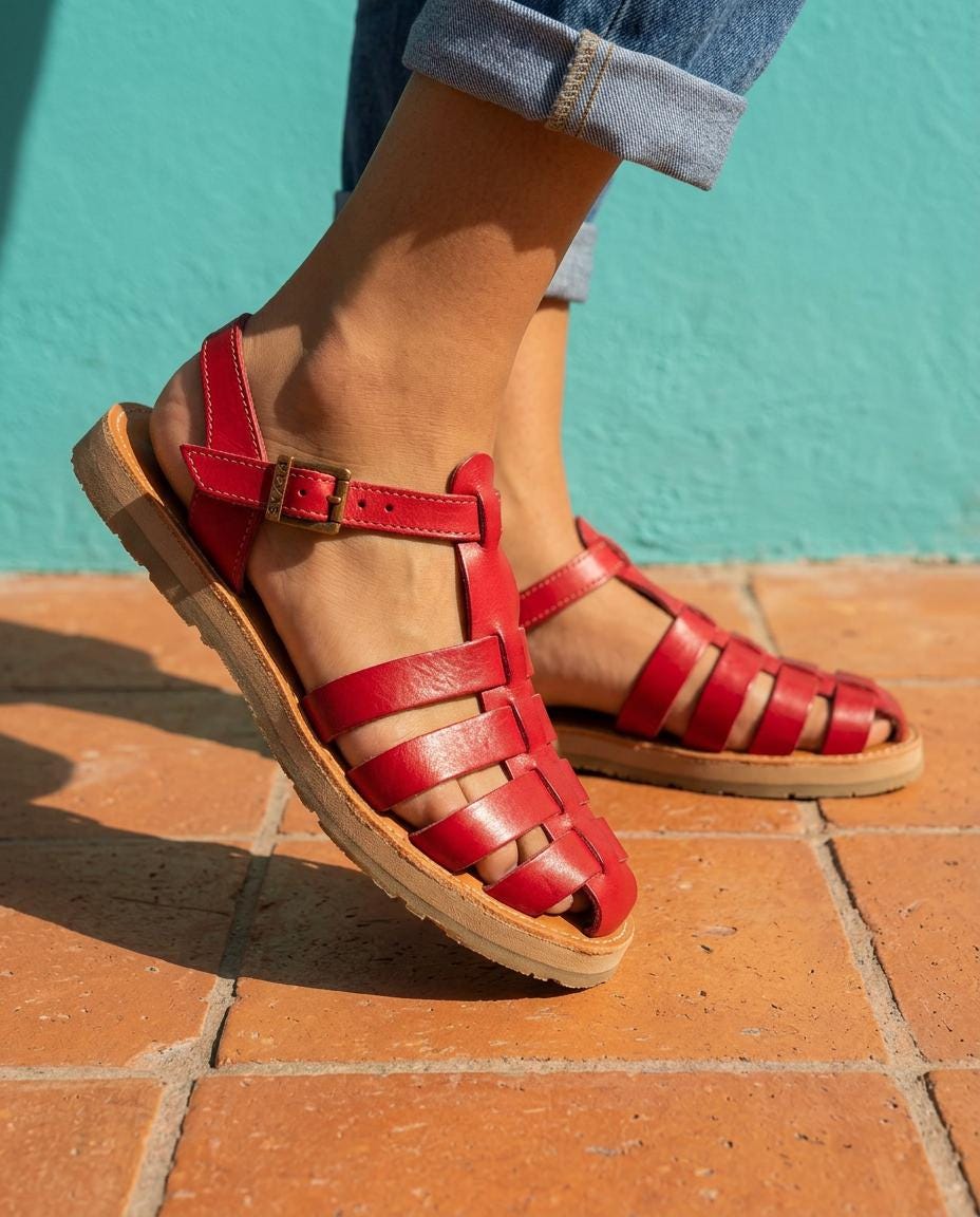 Mexikanische Huarache Sandale Rot Damen – handgewebte Fisherman-Ledersandale mit Riemchen, Boho Sommersandale