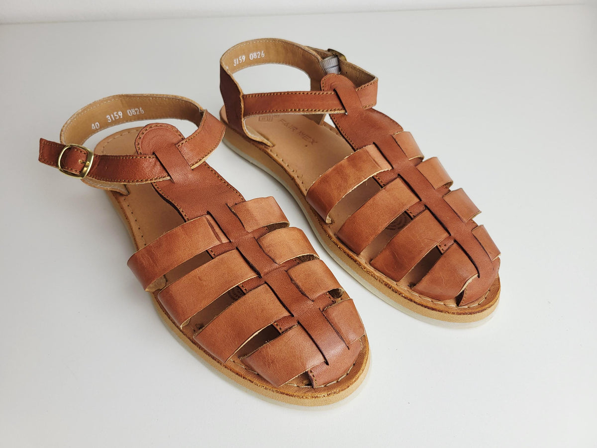Mexikanische Huarache Sandale Cognac-Braun – Damen Sommerschuh, Fisherman-Ledersandale