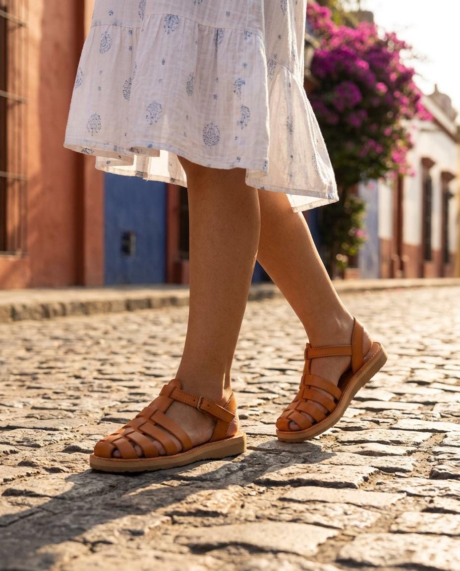 Mexikanische Huarache Sandale Cognac-Braun Damen – atmungsaktive Ledersandale, Fisherman-Stil