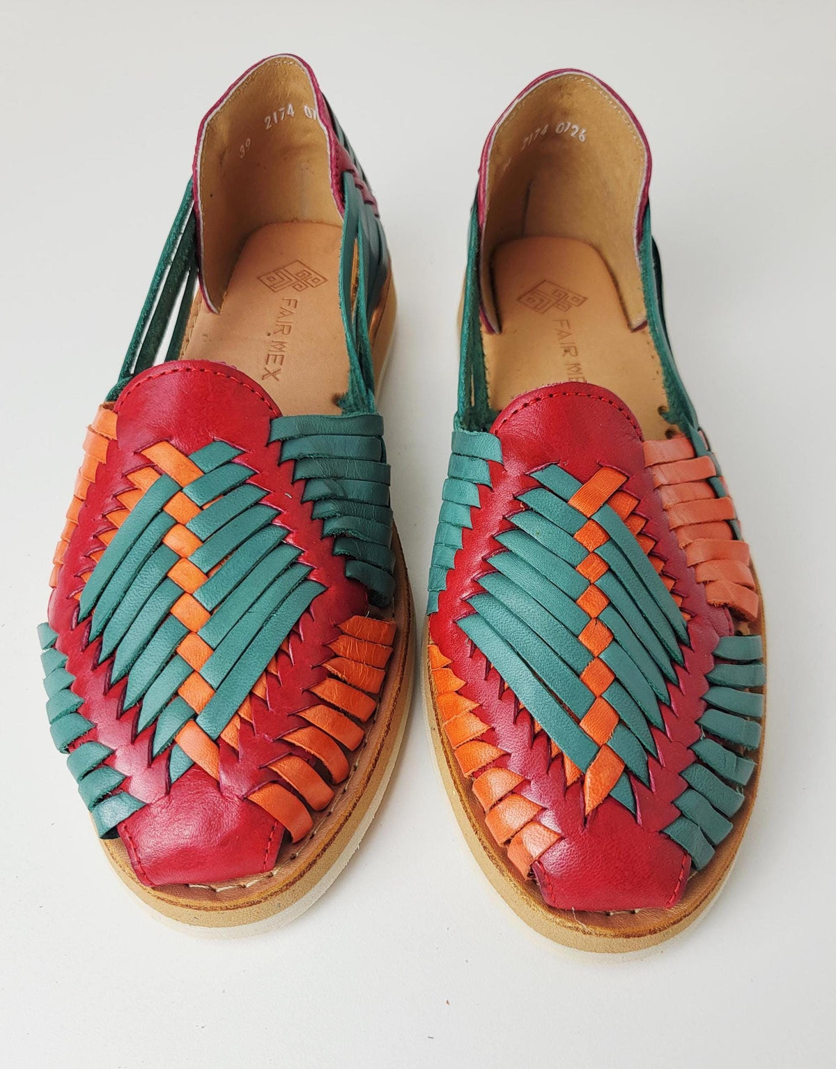 Bunte mexikanische Huarache Damen – handgewebtes Echtleder in Pink/Grün/Orange