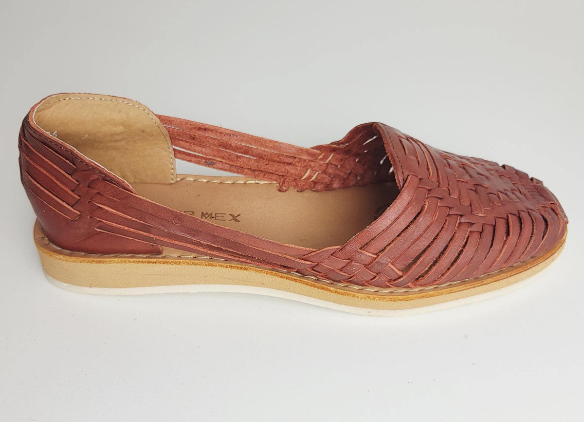 Mexikanische Huarache Zimtbraun Damen – handgewebtes Echtleder, geschlossene Spitze