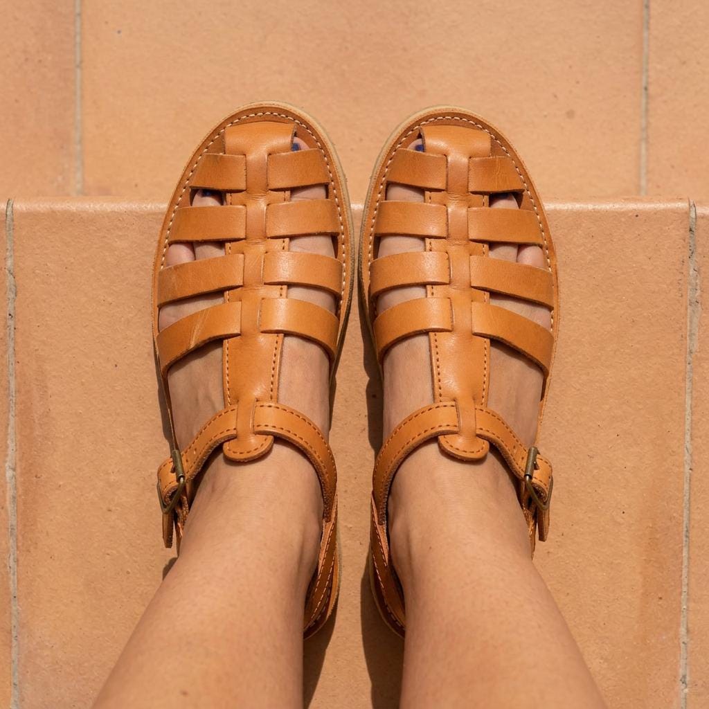 Mexikanische Huarache Sandale Cognac-Braun Damen – handgewebte Fisherman-Ledersandale mit Riemchen, Boho Sommersandale